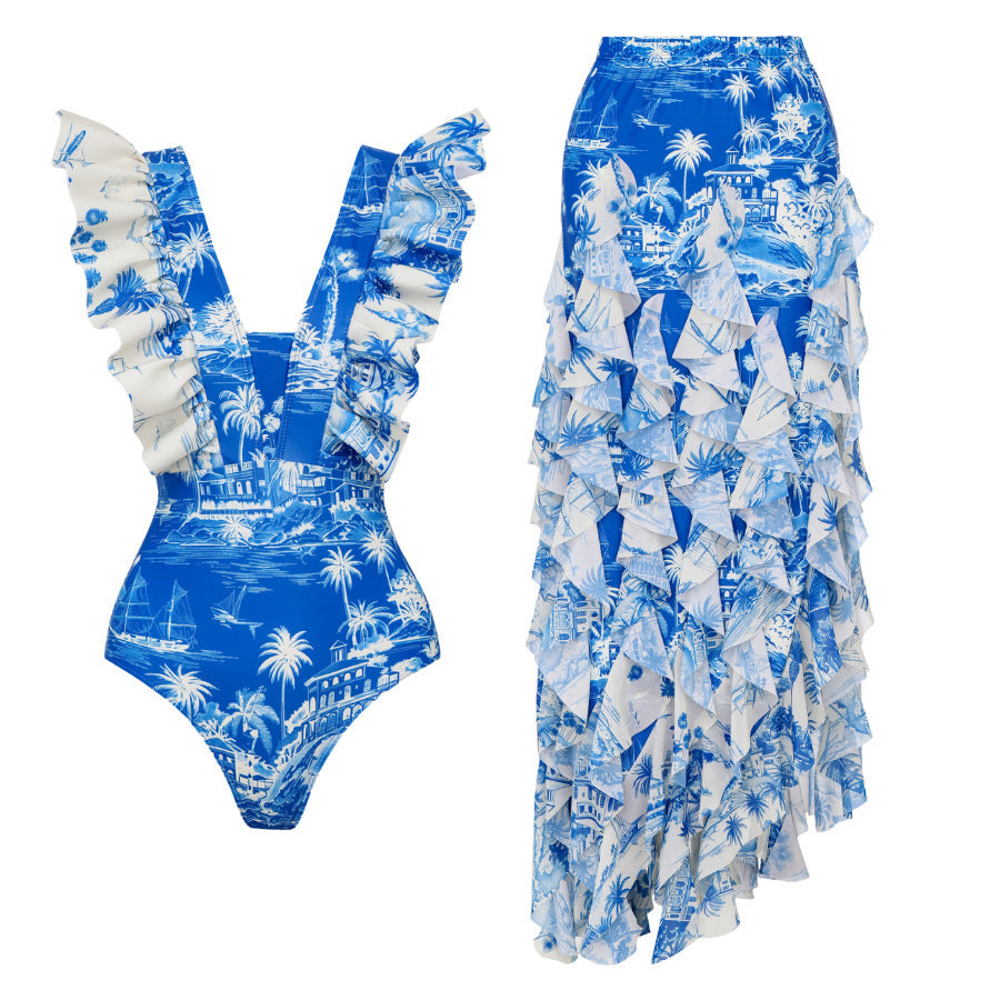 One-piece swimsuit set with blue coconut tree and island print-2