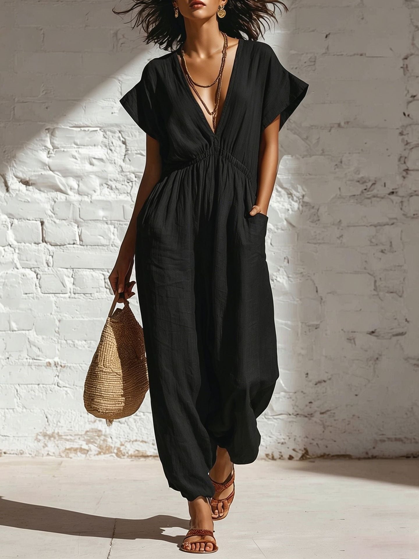 Deep V-neck loose fit pants for women-6