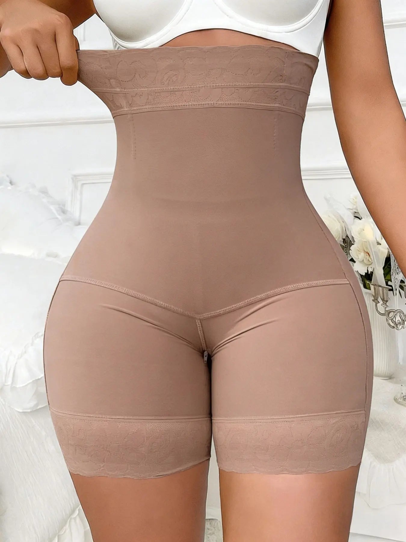 High Waist Tummy Control Shapewear Shorts | Butt Lift Breathable Lace Zipper Shorts-2