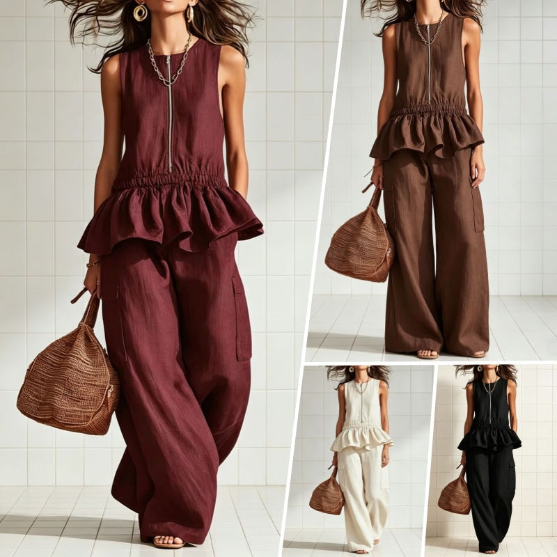Sleeveless pleated vest wide leg pants set-2