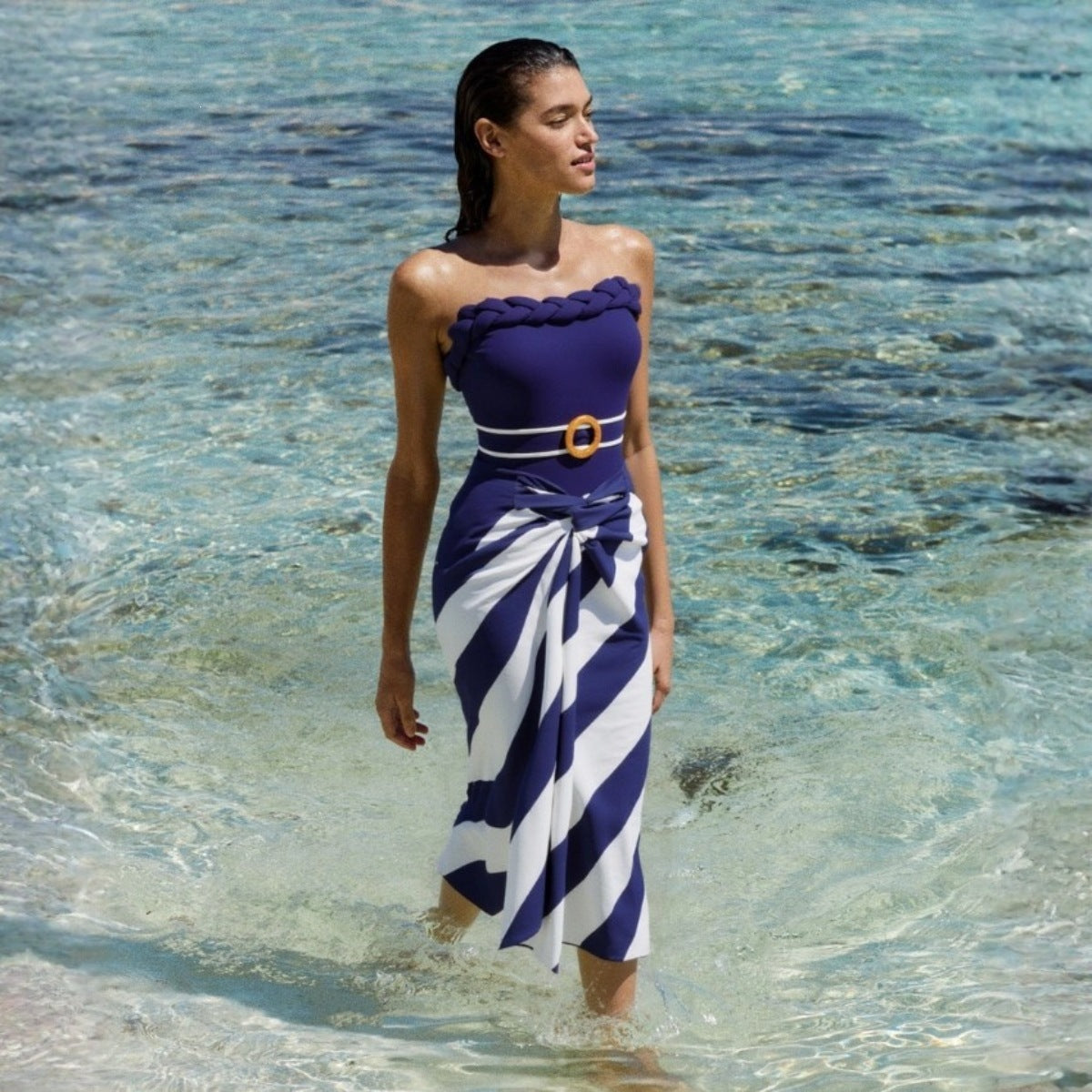 Navy Blue Strapless Designer One-Piece Swimsuit Set for Women-5