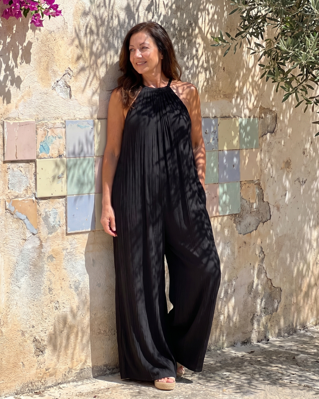 Sylvara | Pleated Halter Neck Wide Leg Relaxed Jumpsuit-9