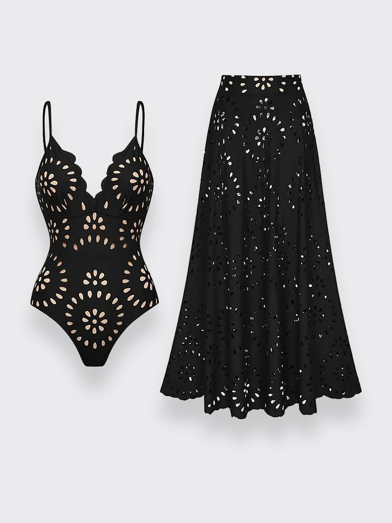 Flower Hollow One Piece Swimsuit and Skirt-19