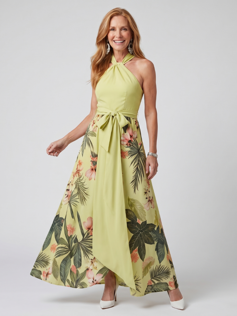 Meadow | Draped Halter Botanical Panel Maxi Dress-7