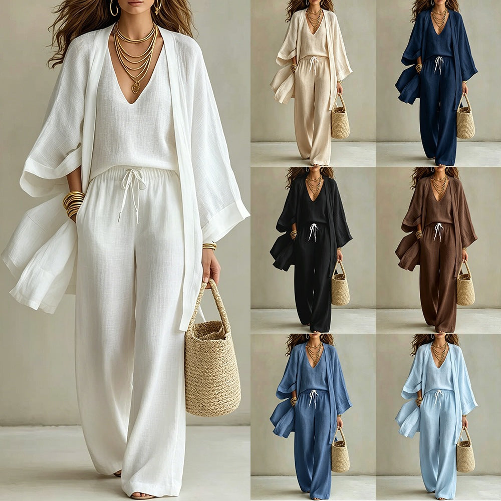 Loose cardigan sleeveless vest long pants three piece set for women-2