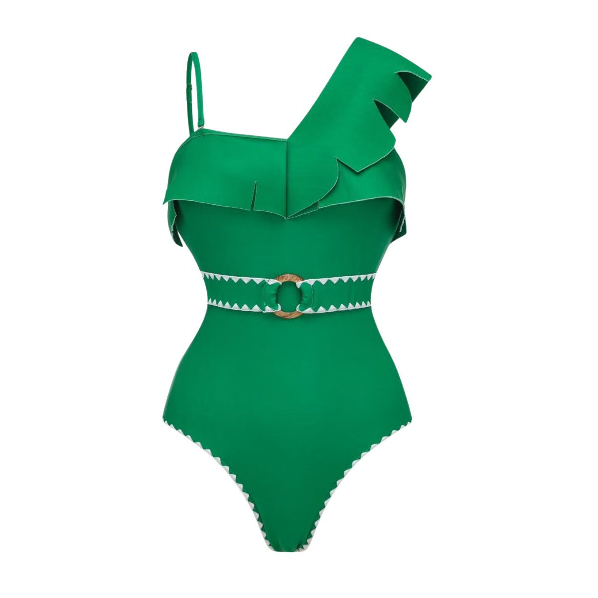 Green Single Shoulder Ruffle Design One-Piece Swimwear Set for Women-6