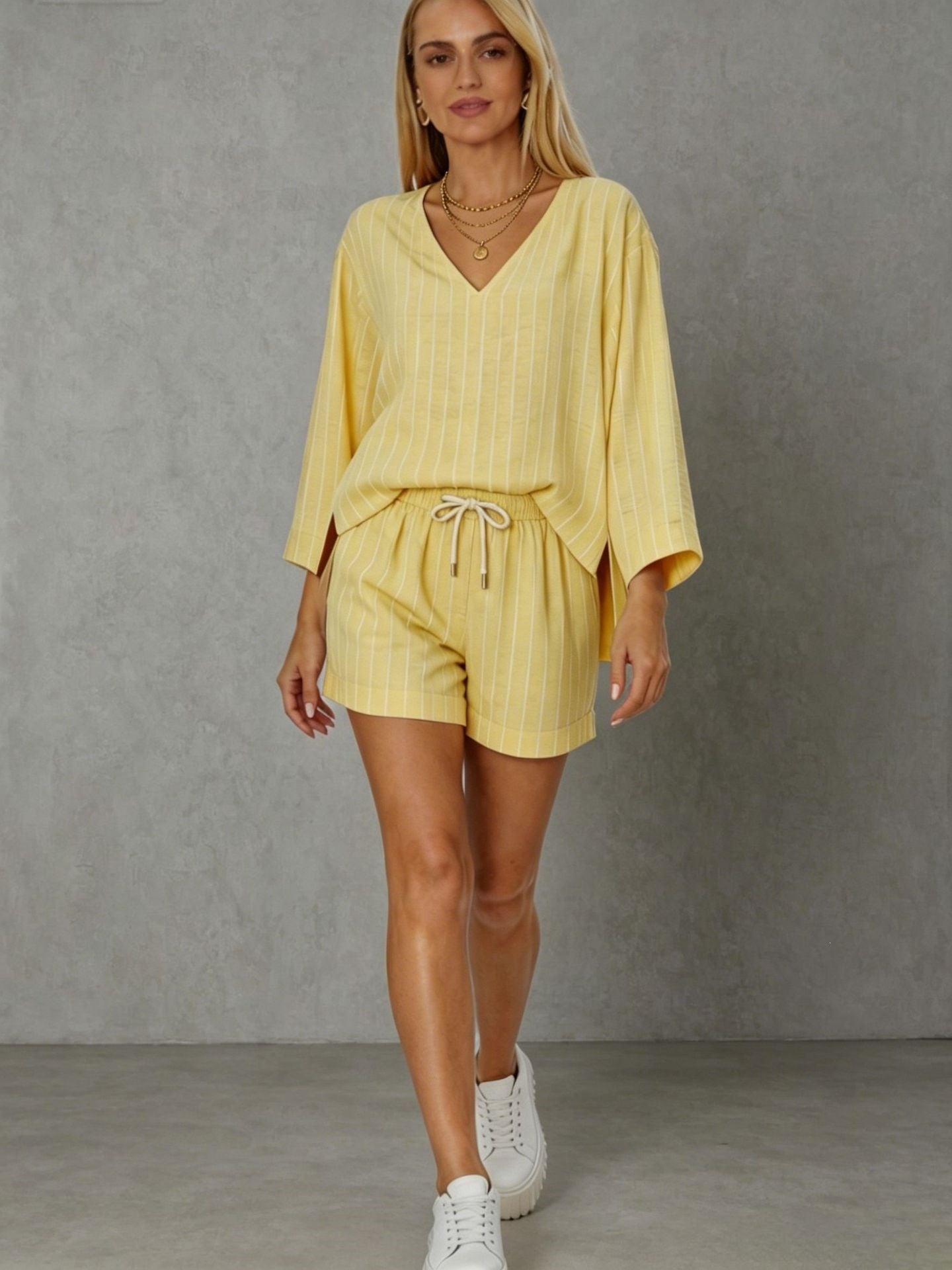 Loose V-neck long sleeved shorts striped set-5