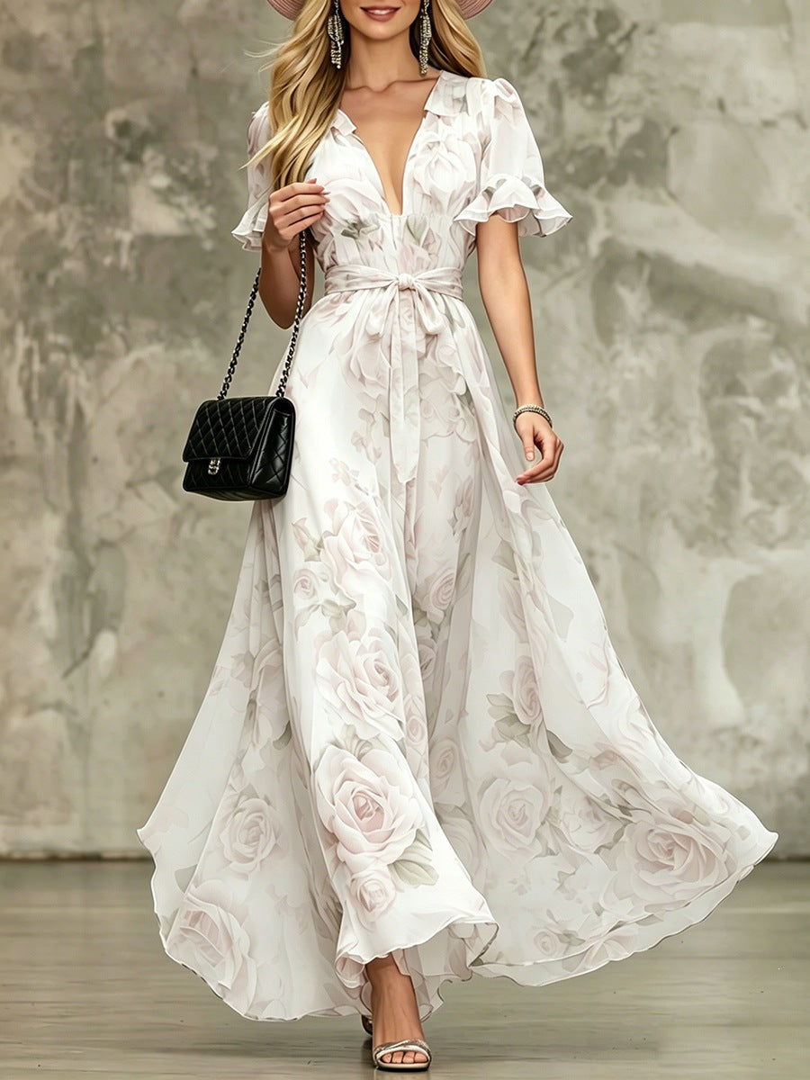 Deep V-neck ruffle sleeve printed dress-5