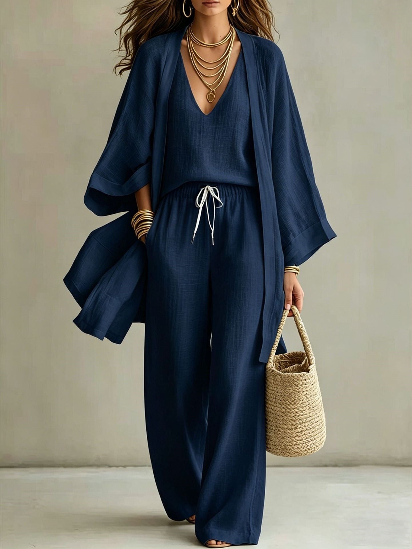 Loose cardigan sleeveless vest long pants three piece set for women-5