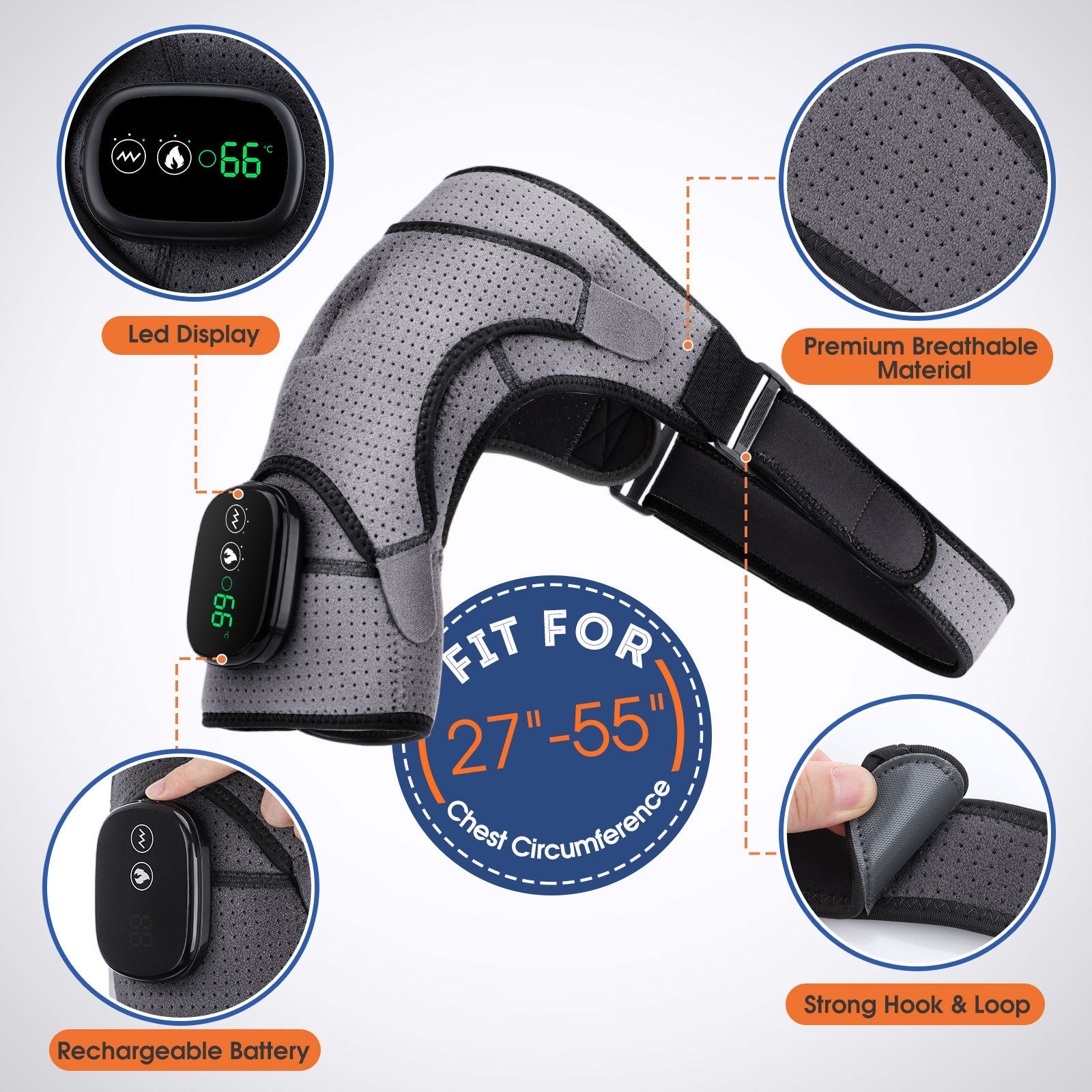 Massage Shoulder Support with Touchscreen Controller, Rechargeable Vibrating Heat Therapy Shoulder Massager Belt-3