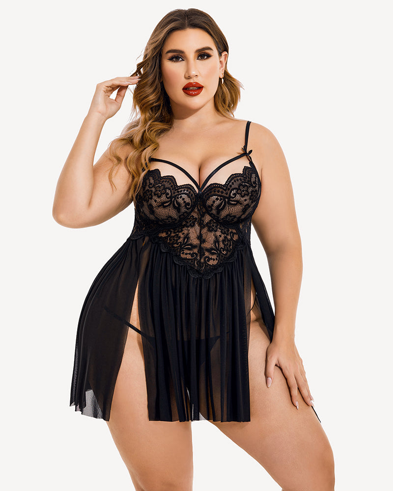 Plus Size V Neck Mesh Side Slit Babydolls-9