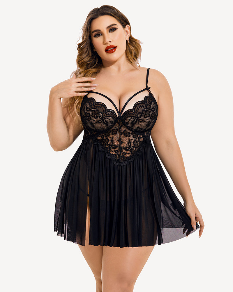 Plus Size V Neck Mesh Side Slit Babydolls-1