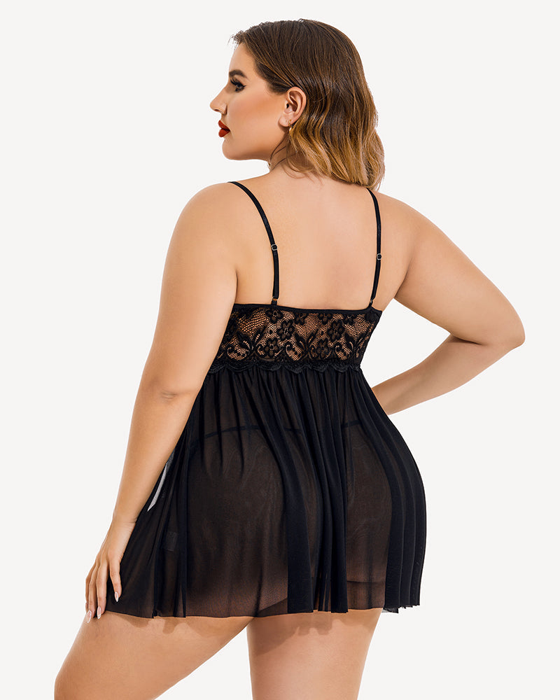Plus Size V Neck Mesh Side Slit Babydolls-2