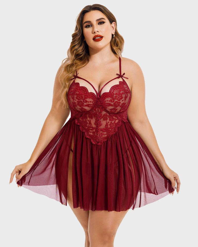 Plus Size V Neck Mesh Side Slit Babydolls-3