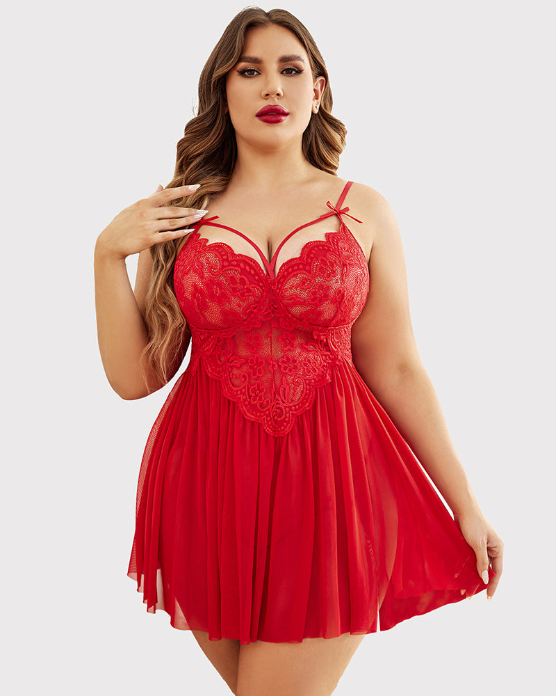 Plus Size V Neck Mesh Side Slit Babydolls-4