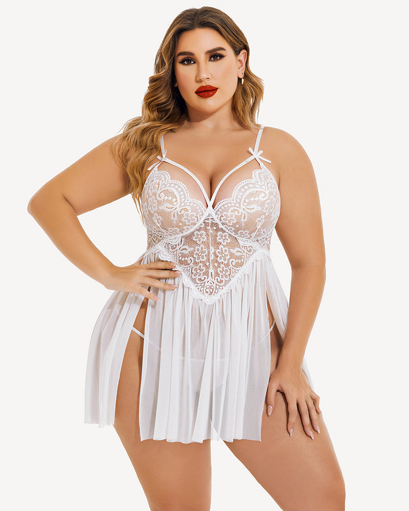 Plus Size V Neck Mesh Side Slit Babydolls-6