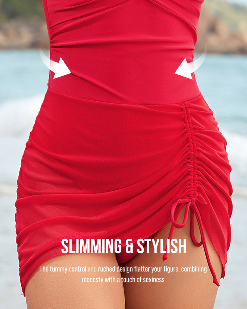 Drawstring Mesh One-Piece Swimsuit-5
