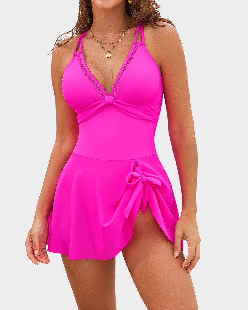 V-Neck Side-Slit One-Piece Swimdress-14