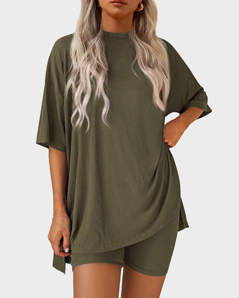Summer Casual Crewneck Split-Hem Lounge Set with Pockets-15
