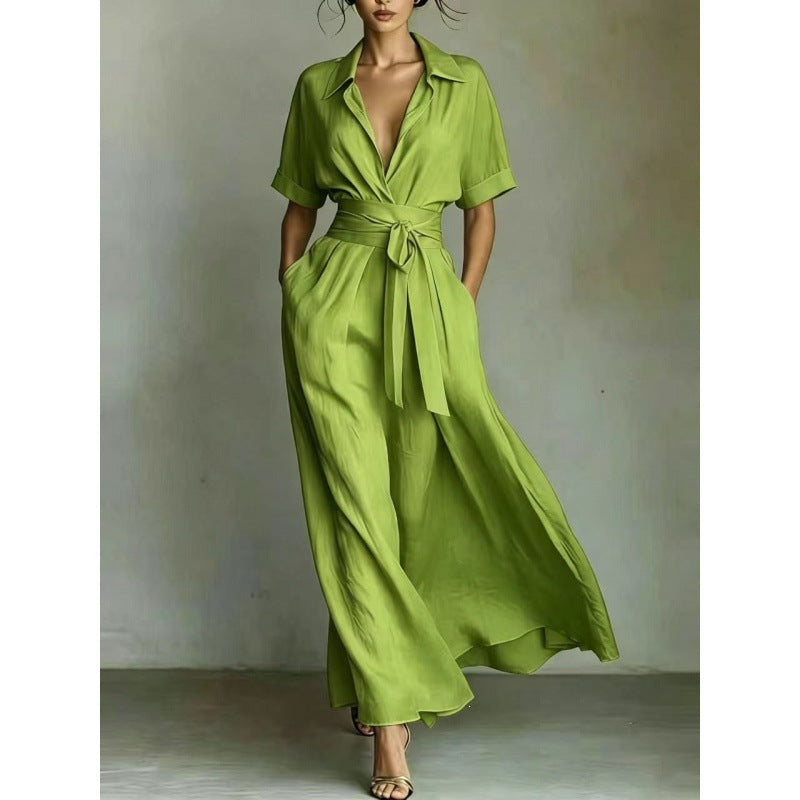 Solid color waist slimming dress-3