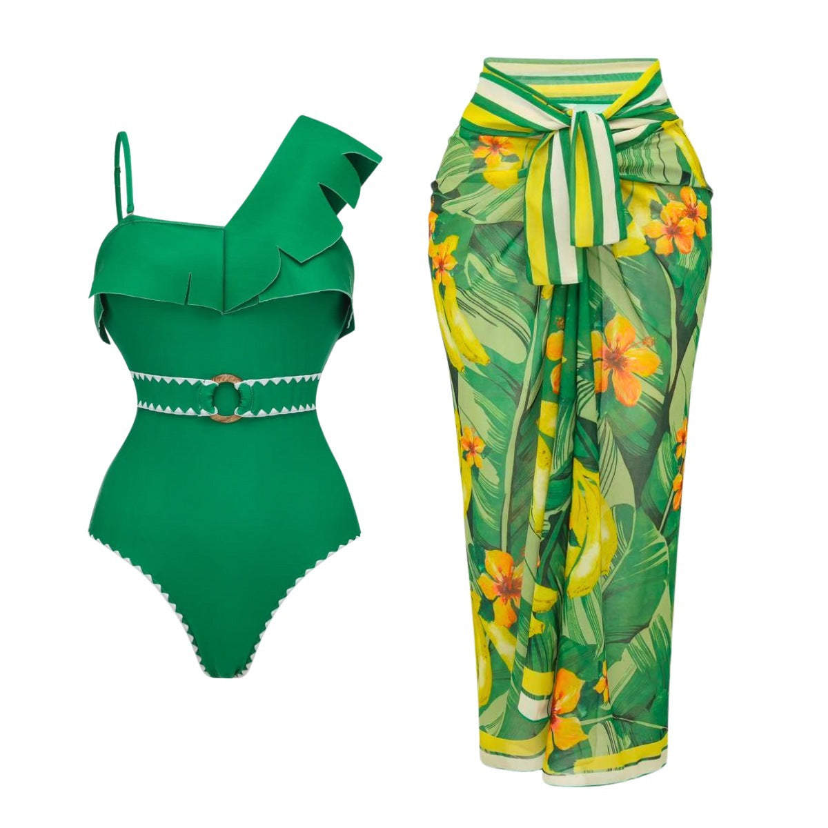 Green Single Shoulder Ruffle Design One-Piece Swimwear Set for Women-1