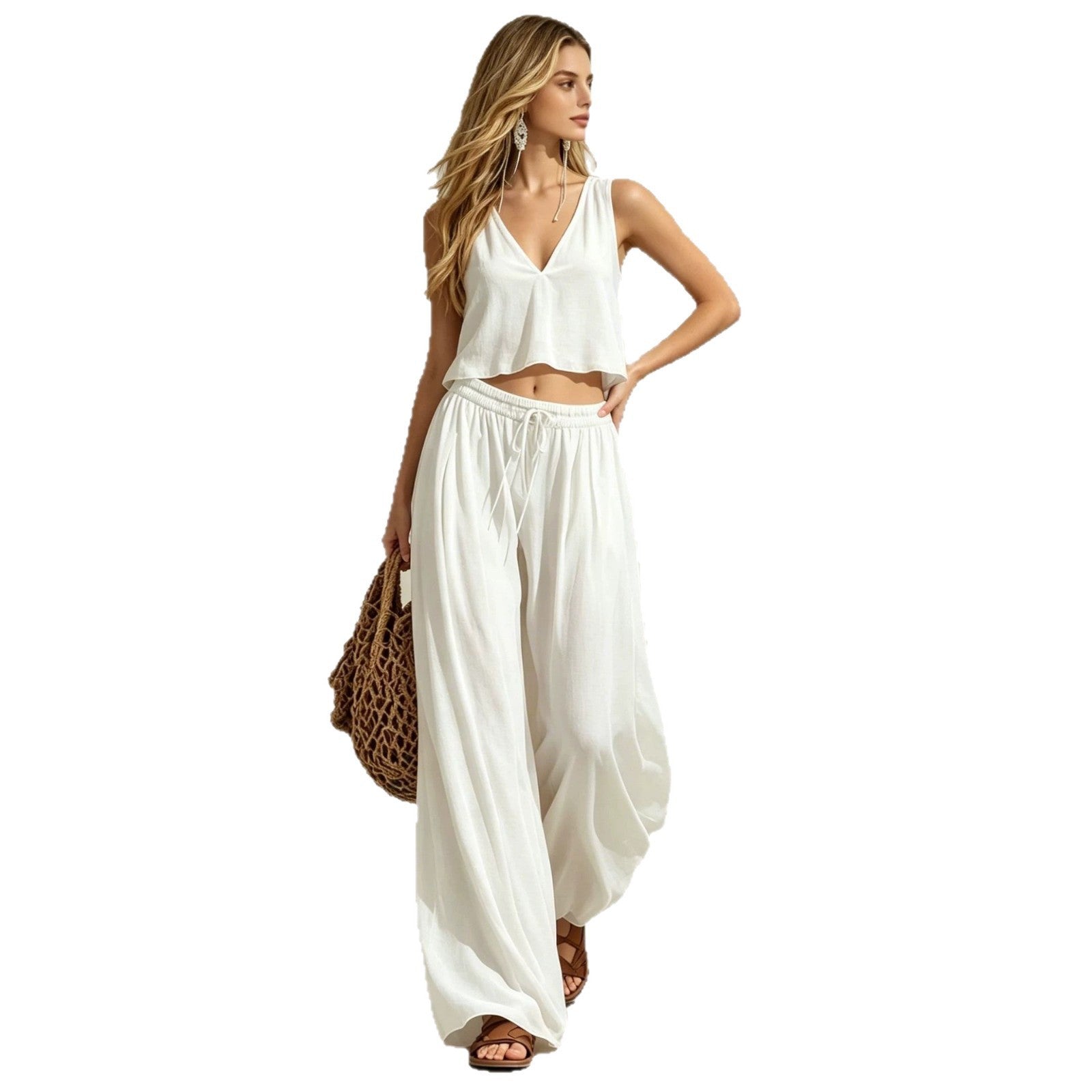 V-neck solid color sleeveless camisole top wide leg pants set-1