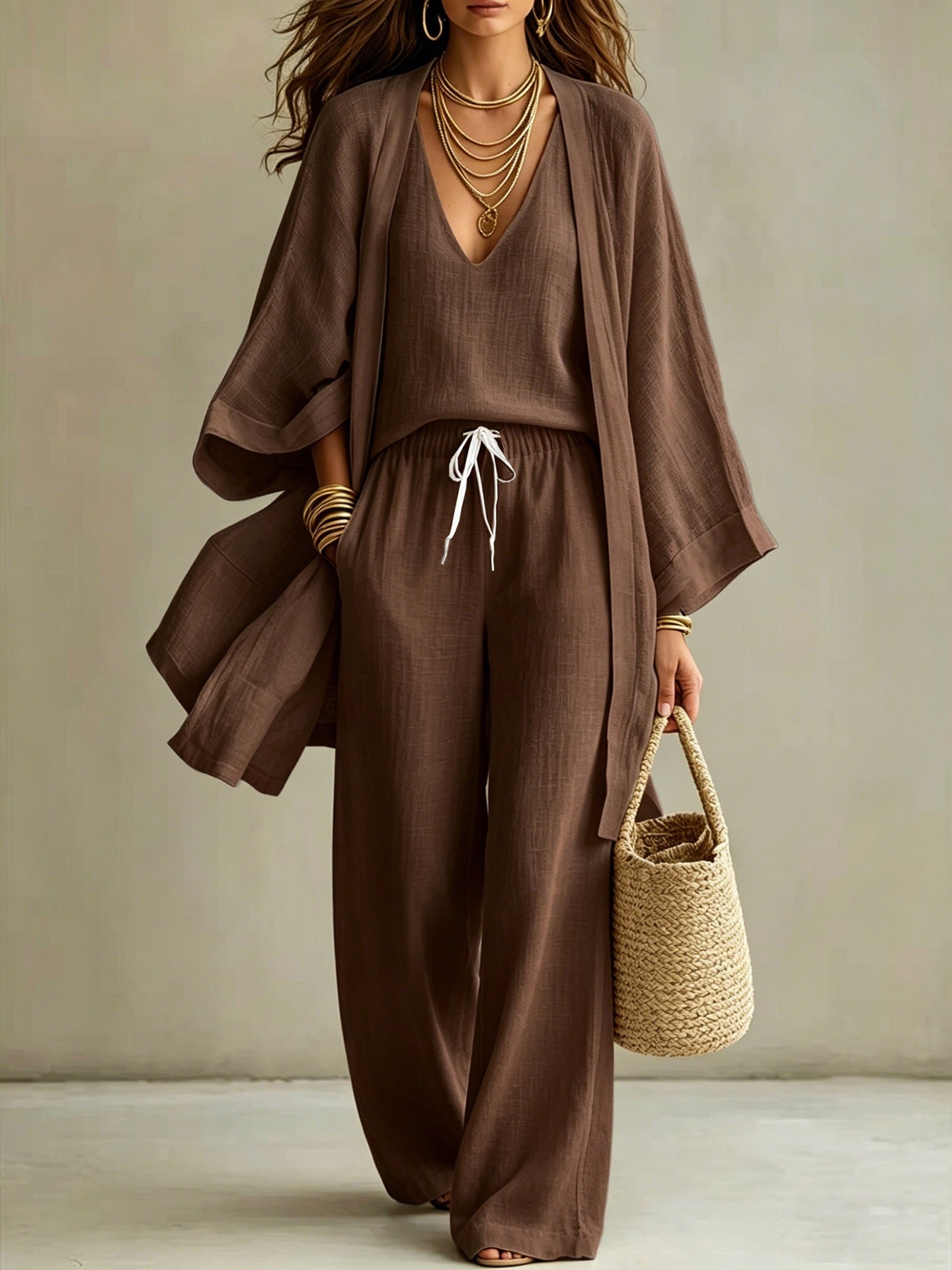 Loose cardigan sleeveless vest long pants three piece set for women-6