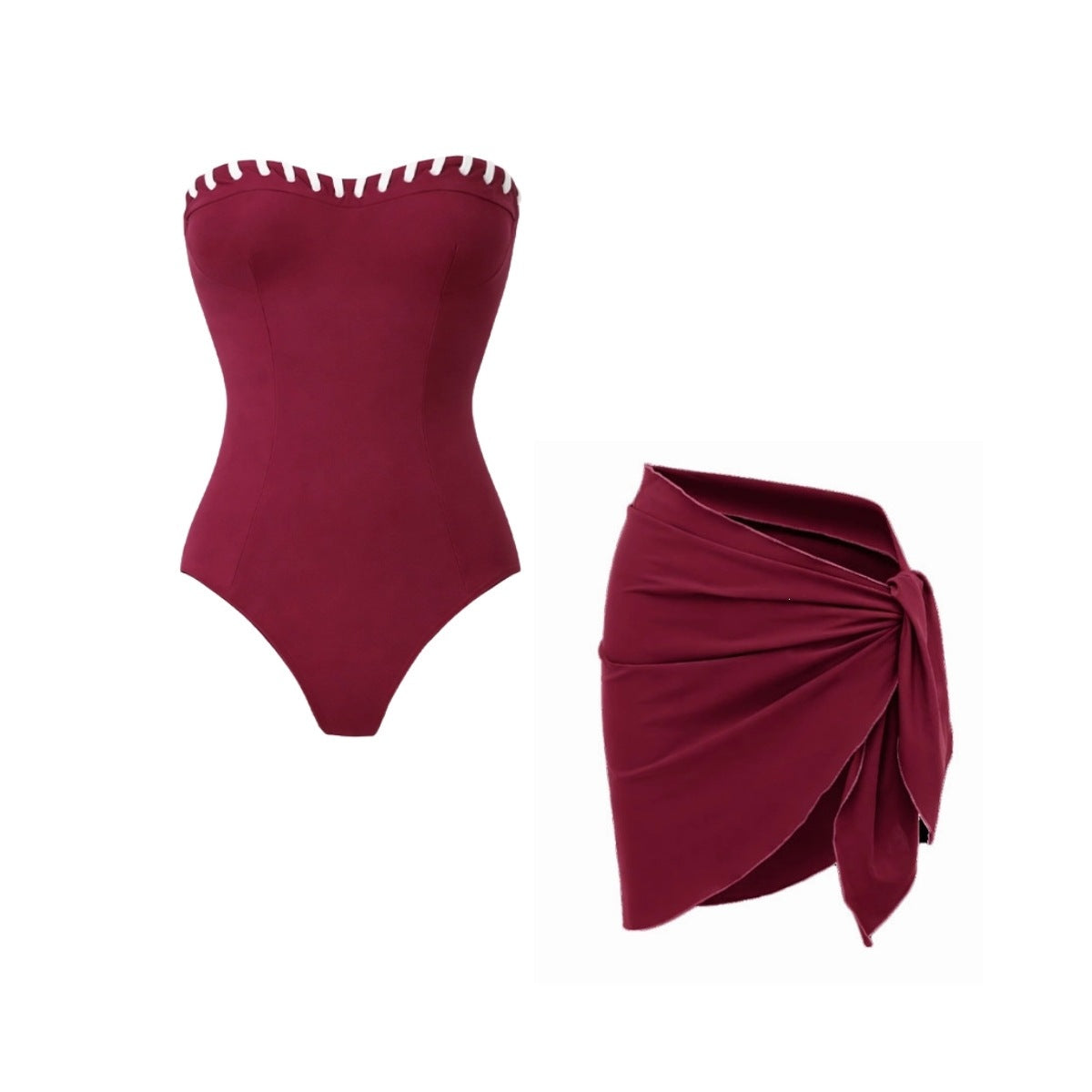 Wine Red Unique Design Strapless One-piece Swimsuit Set with Wrap Skirt for Women-1