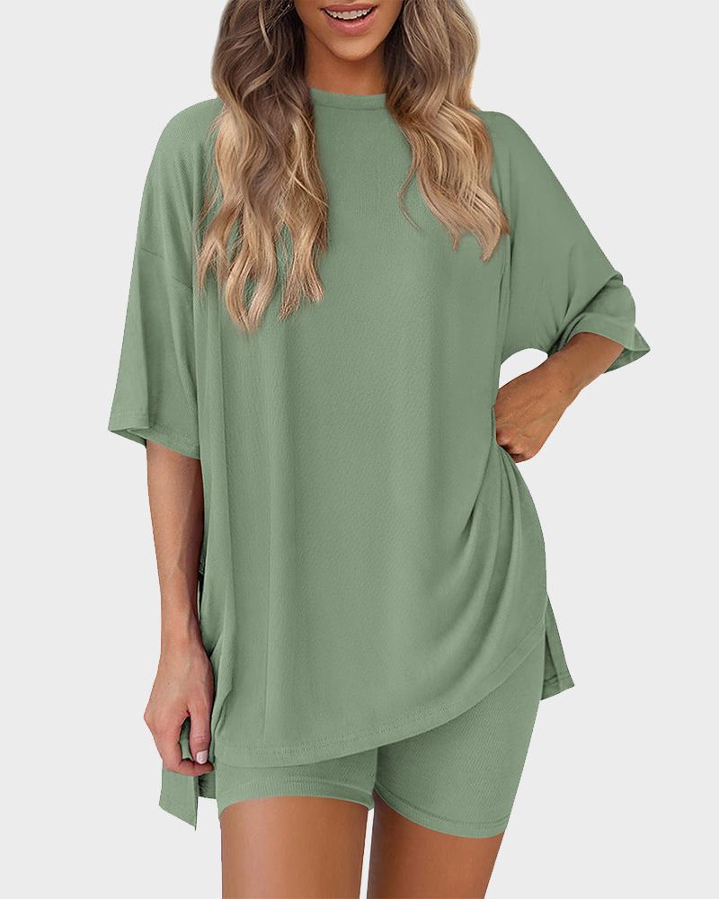 Summer Casual Crewneck Split-Hem Lounge Set with Pockets-16