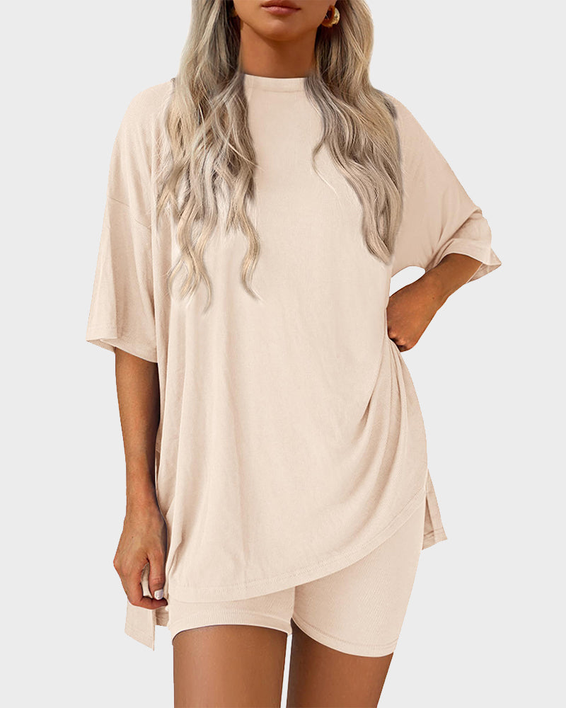 Summer Casual Crewneck Split-Hem Lounge Set with Pockets-17
