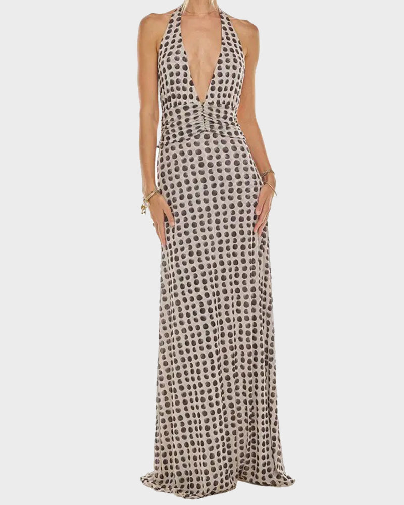 Women Long Dress, Sleeveless Halter Dress Backless Flower/Dots Print Summer Cocktail Dress-4