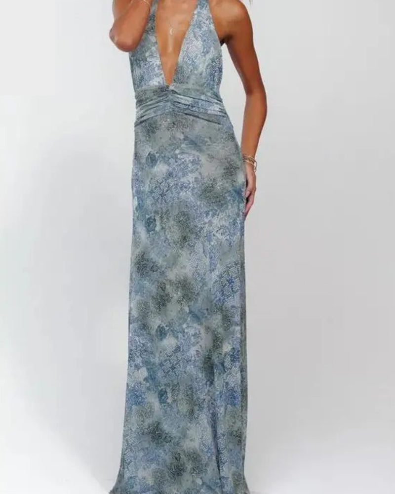 Women Long Dress, Sleeveless Halter Dress Backless Flower/Dots Print Summer Cocktail Dress-9