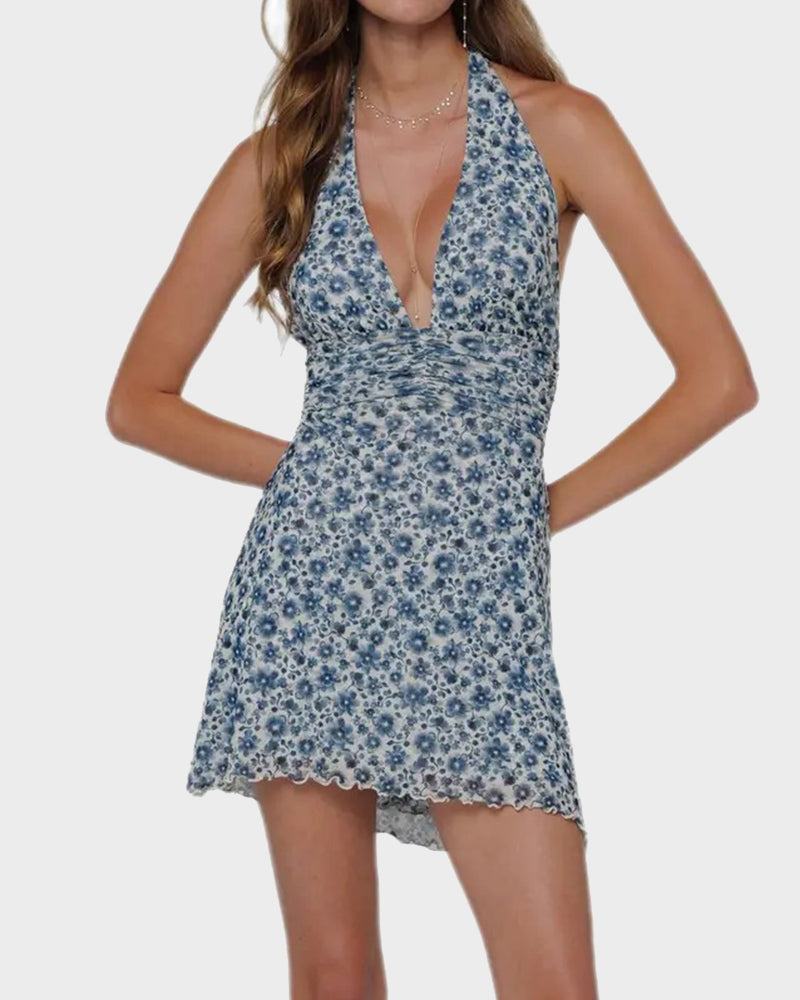 Women Long Dress, Sleeveless Halter Dress Backless Flower/Dots Print Summer Cocktail Dress-16