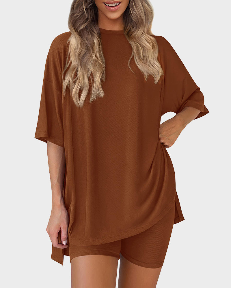 Summer Casual Crewneck Split-Hem Lounge Set with Pockets-18