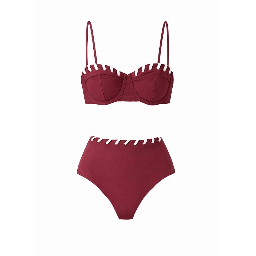 Wine Red Unique Design Strapless One-piece Swimsuit Set with Wrap Skirt for Women-7