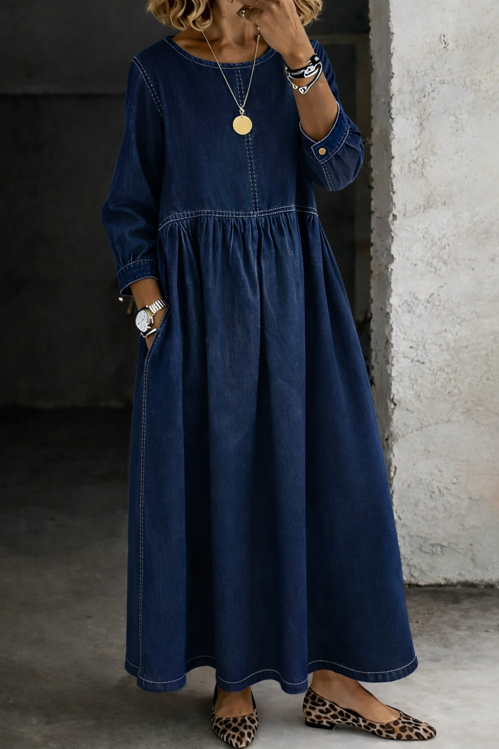 Melissa | Round Neck Long Sleeve Denim Dress-5