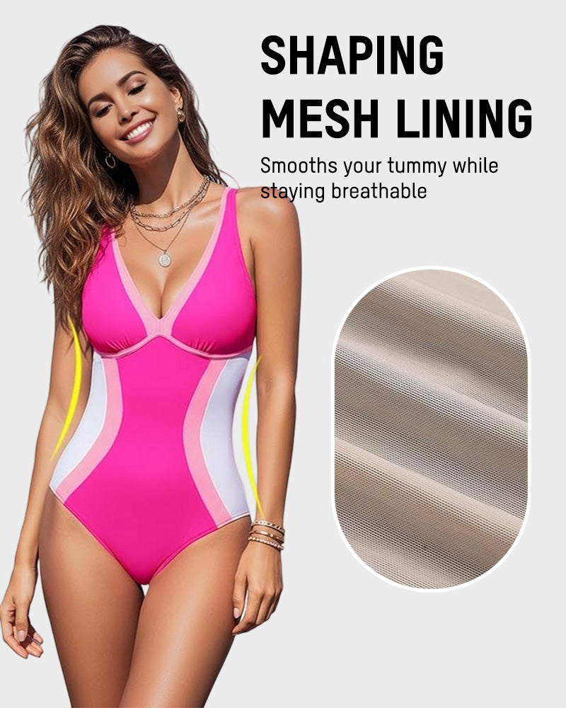 Color Block Tummy Control One-Piece Swimsuit-2