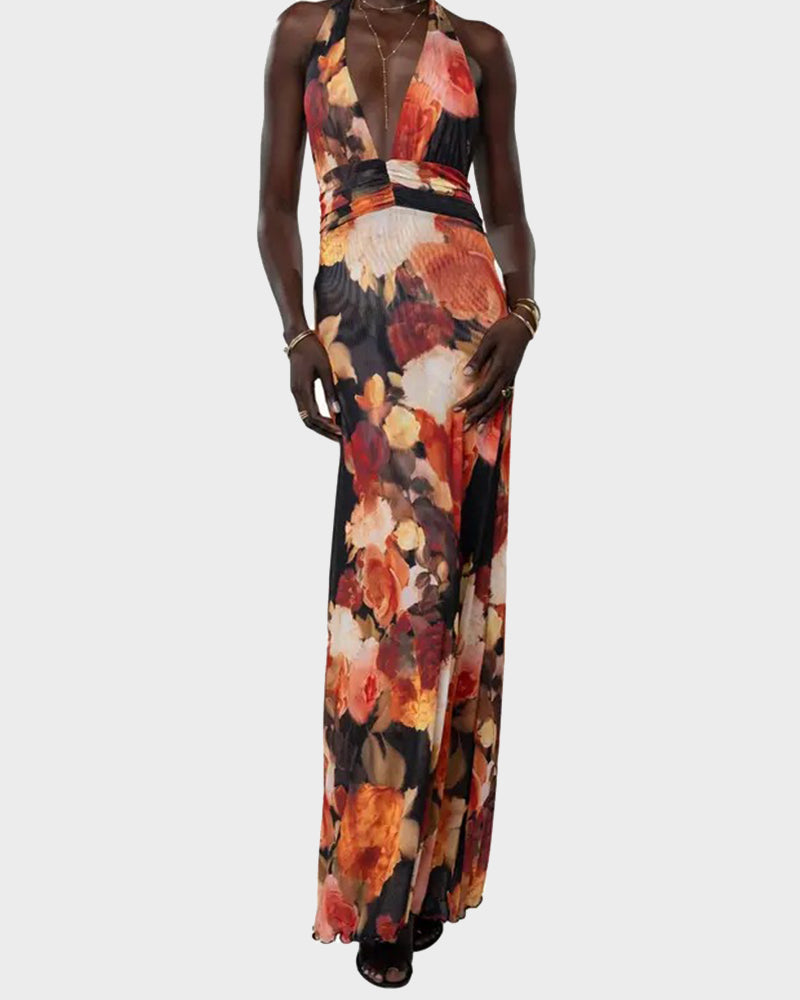 Women Long Dress, Sleeveless Halter Dress Backless Flower/Dots Print Summer Cocktail Dress-7