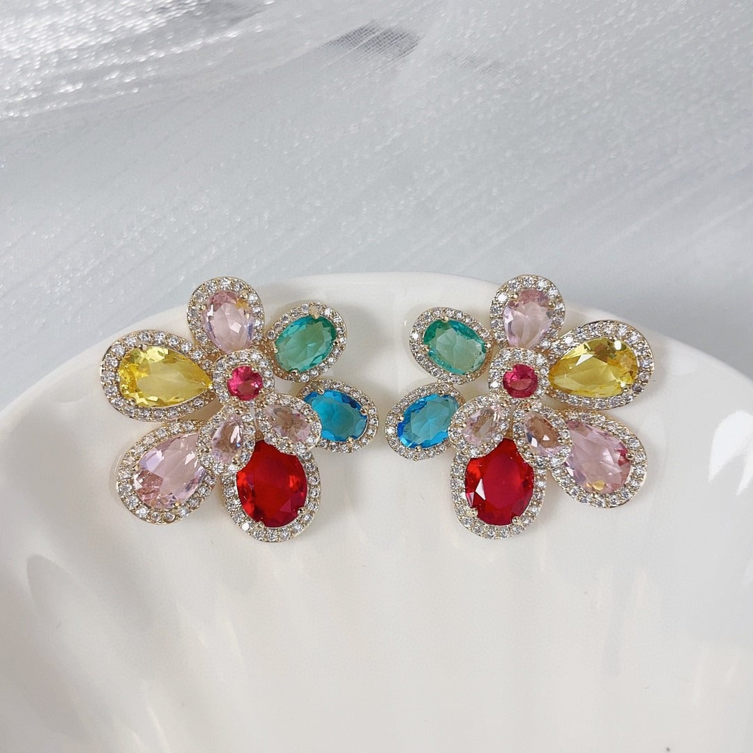 flower earrings with micro inlaid zircon earrings, trendy accessories-2