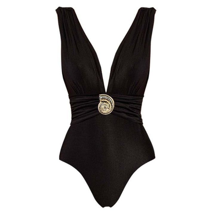 Solid Color V-neck  Fitted Waist  Slimming One-piece Swimsuit Set  Long Dress-7