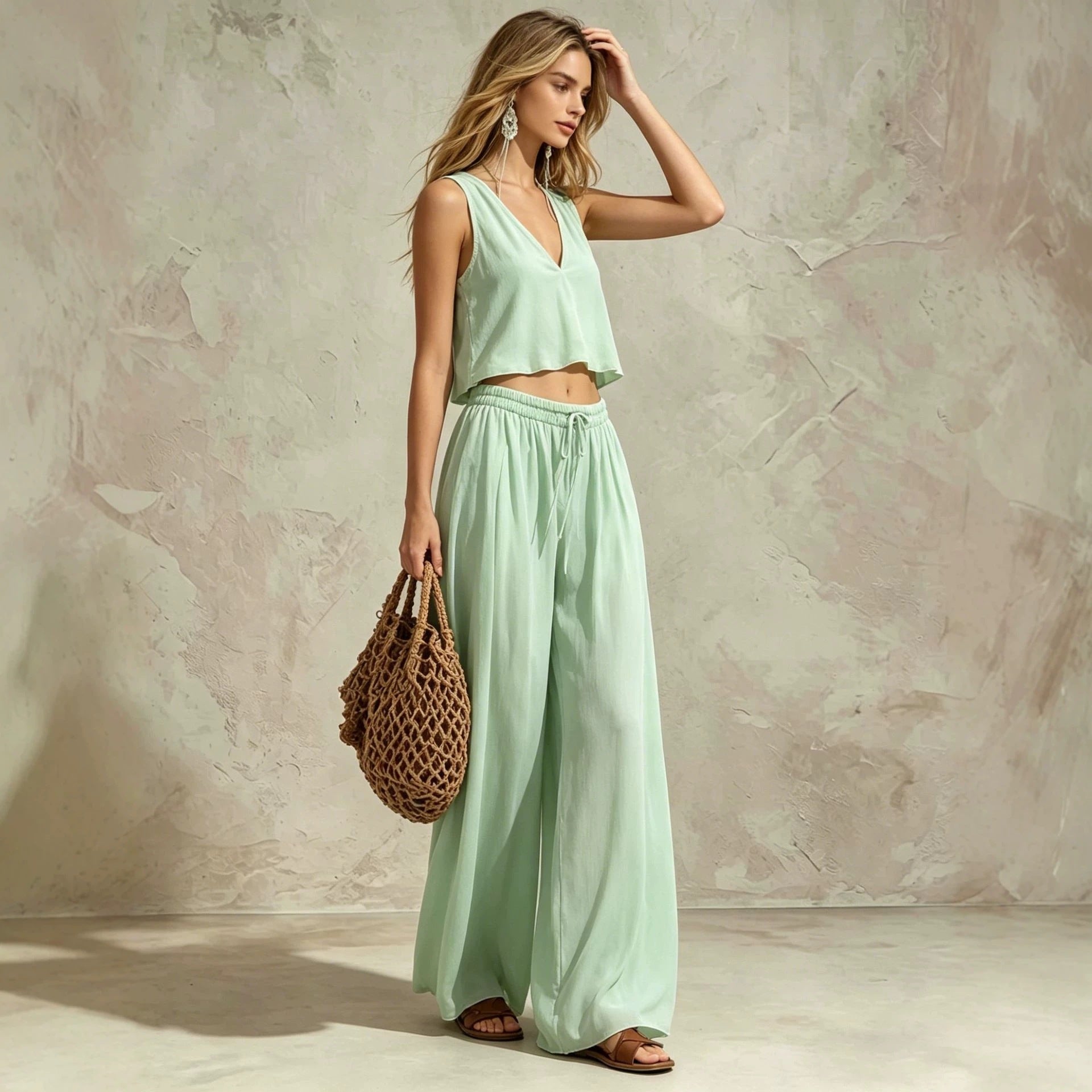 V-neck solid color sleeveless camisole top wide leg pants set-4