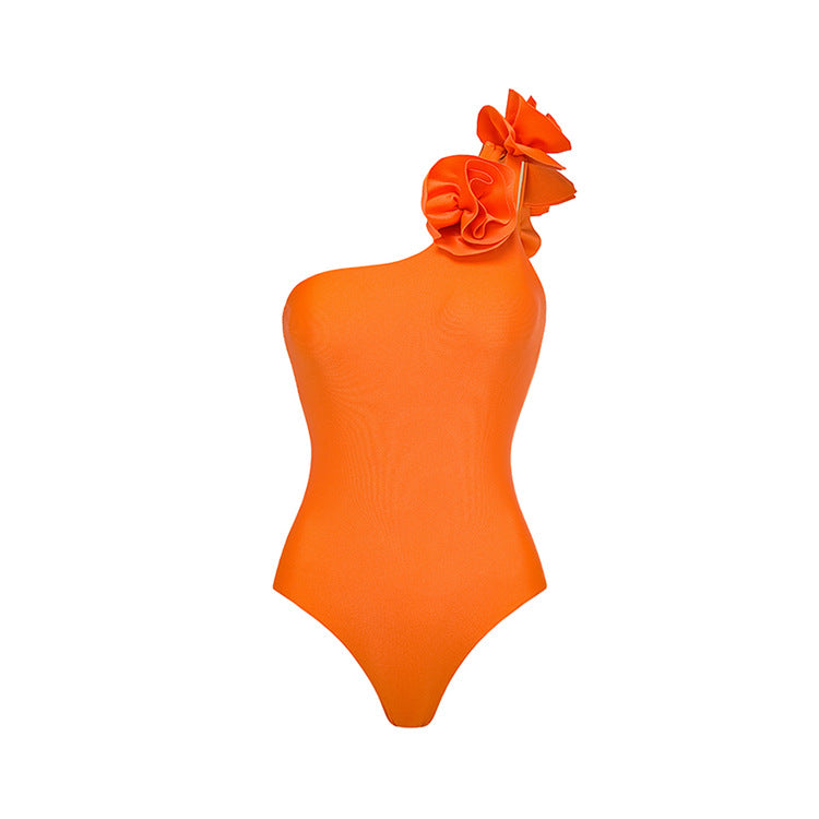 Floral Decorated Off-Shoulder One-Piece Swimsuit Dress Swimwear-5