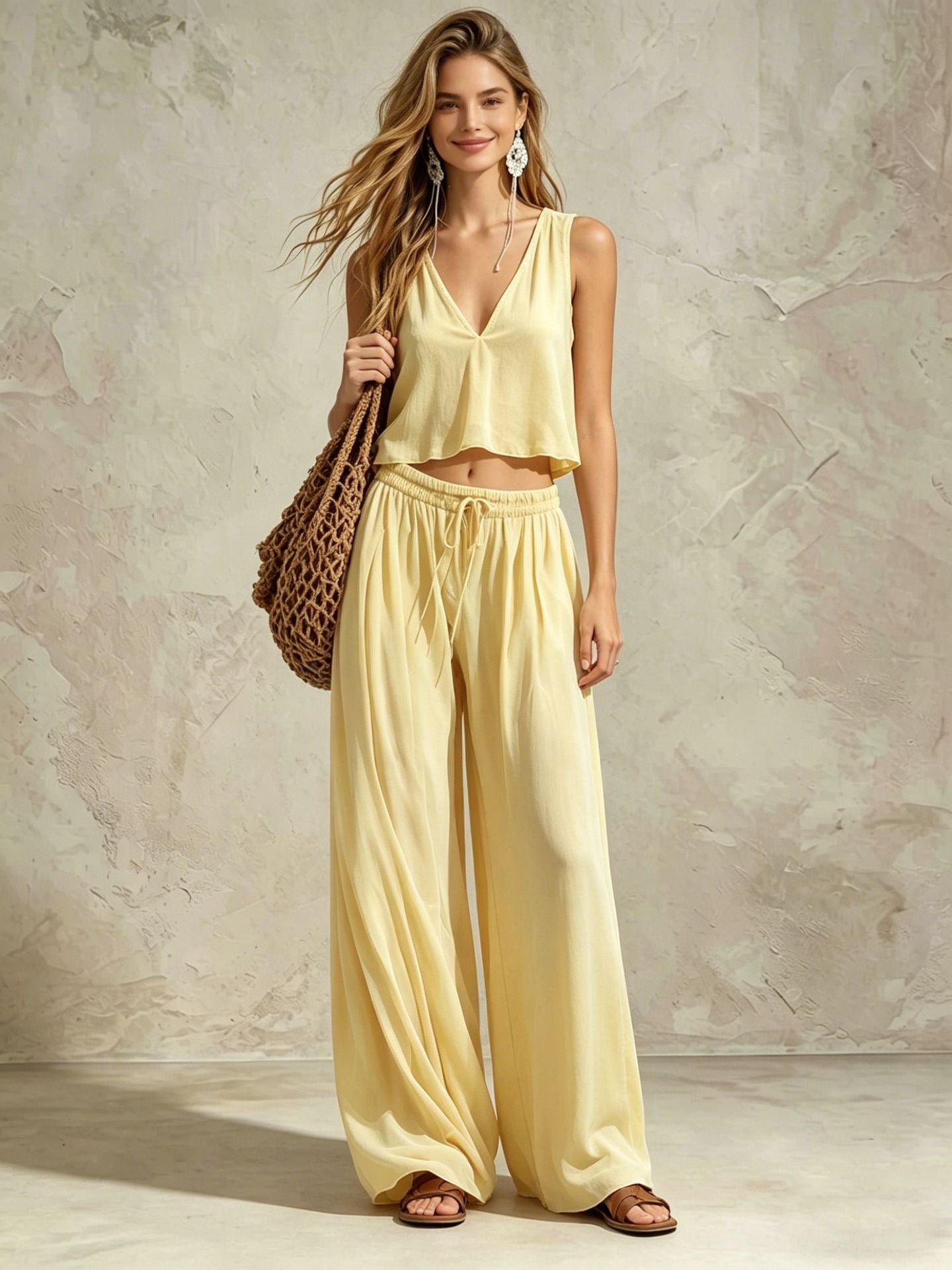 V-neck solid color sleeveless camisole top wide leg pants set-5