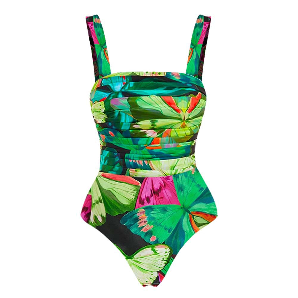 Butterfly Print Sleeveless One-Piece Skirt-Style Swimsuit Set for Women-3