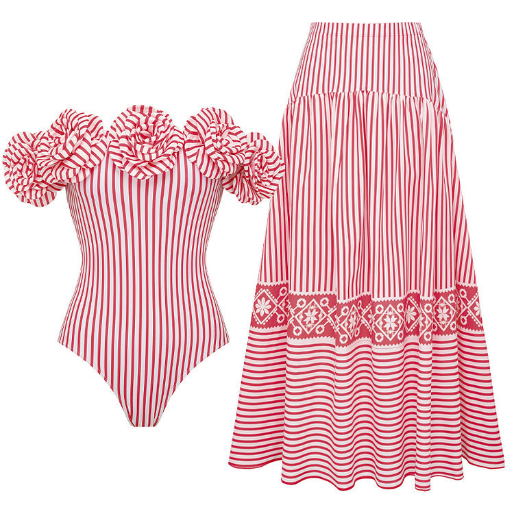 strapless 3D floral striped one-piece swimsuit set for women, hot cross-border trend-6