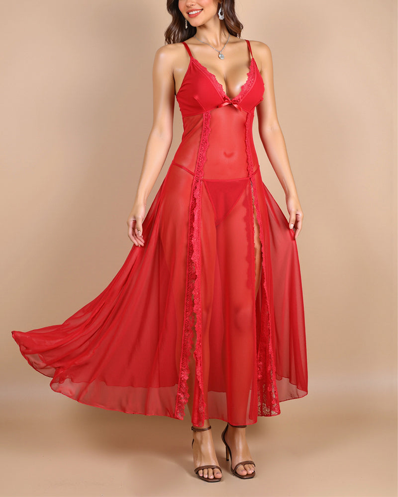 Sexy Sheer Backless Long Nightdress Set with Side Slit & Panty-17