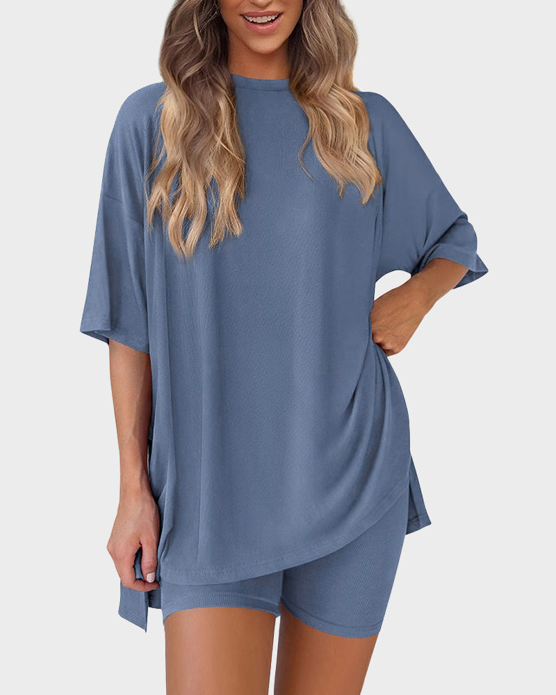 Summer Casual Crewneck Split-Hem Lounge Set with Pockets-1