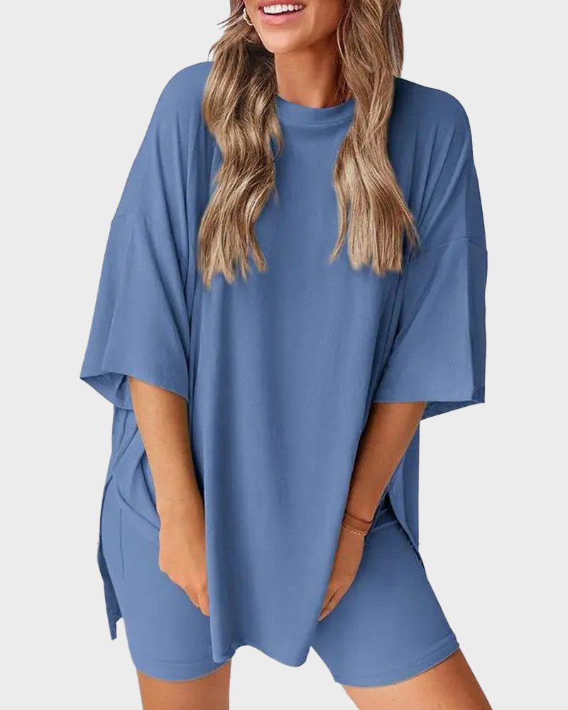 Summer Casual Crewneck Split-Hem Lounge Set with Pockets-4