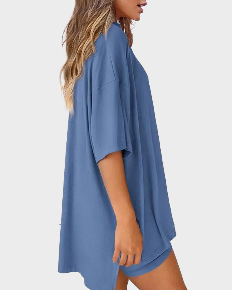 Summer Casual Crewneck Split-Hem Lounge Set with Pockets-5