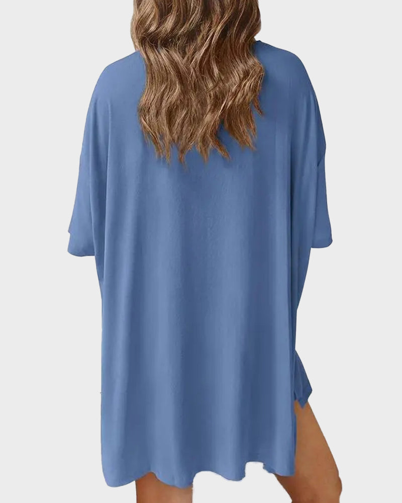 Summer Casual Crewneck Split-Hem Lounge Set with Pockets-7